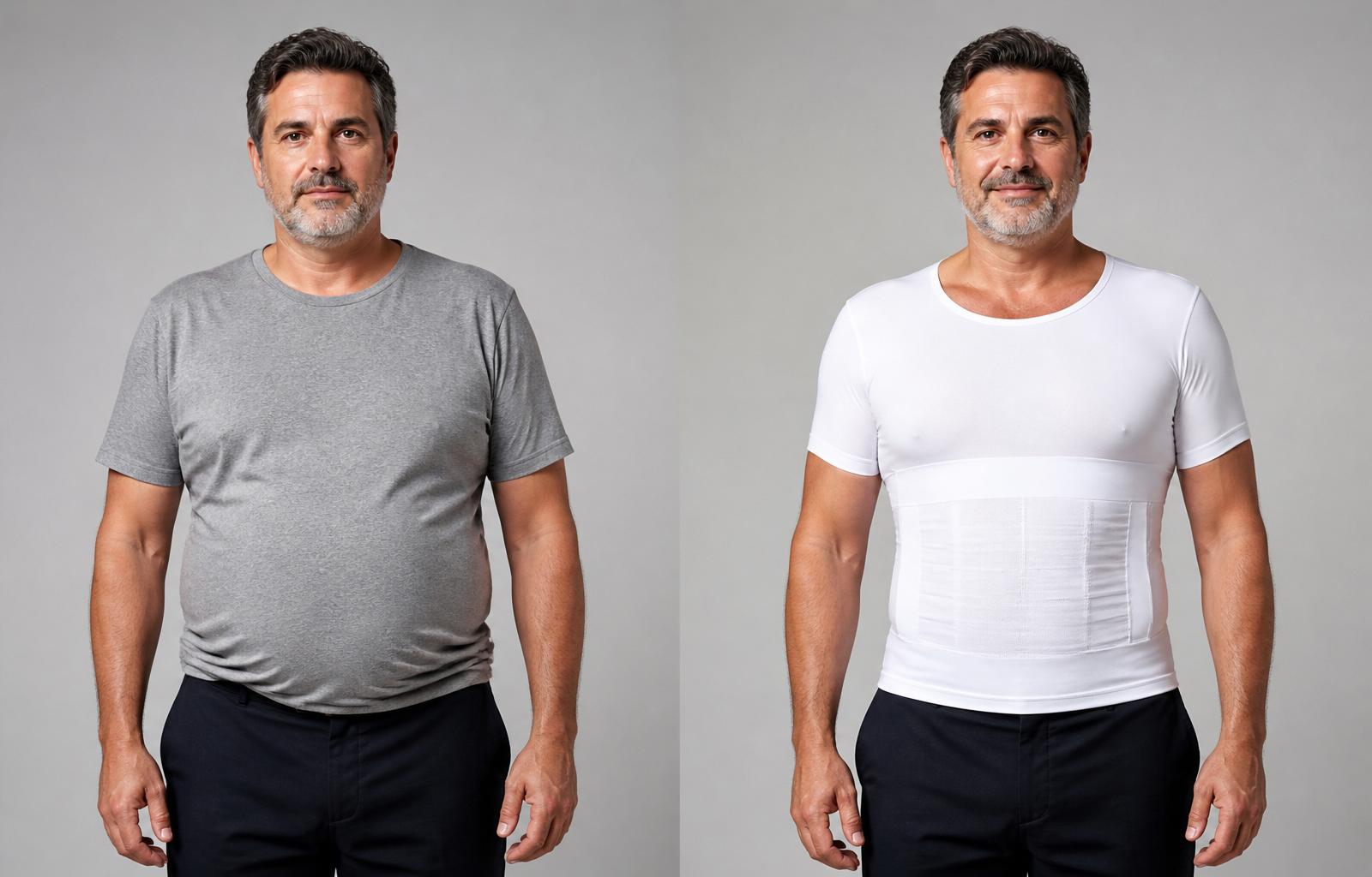 Mature man before and after wearing the CoreFlex compression shirt — flatter stomach and improved posture